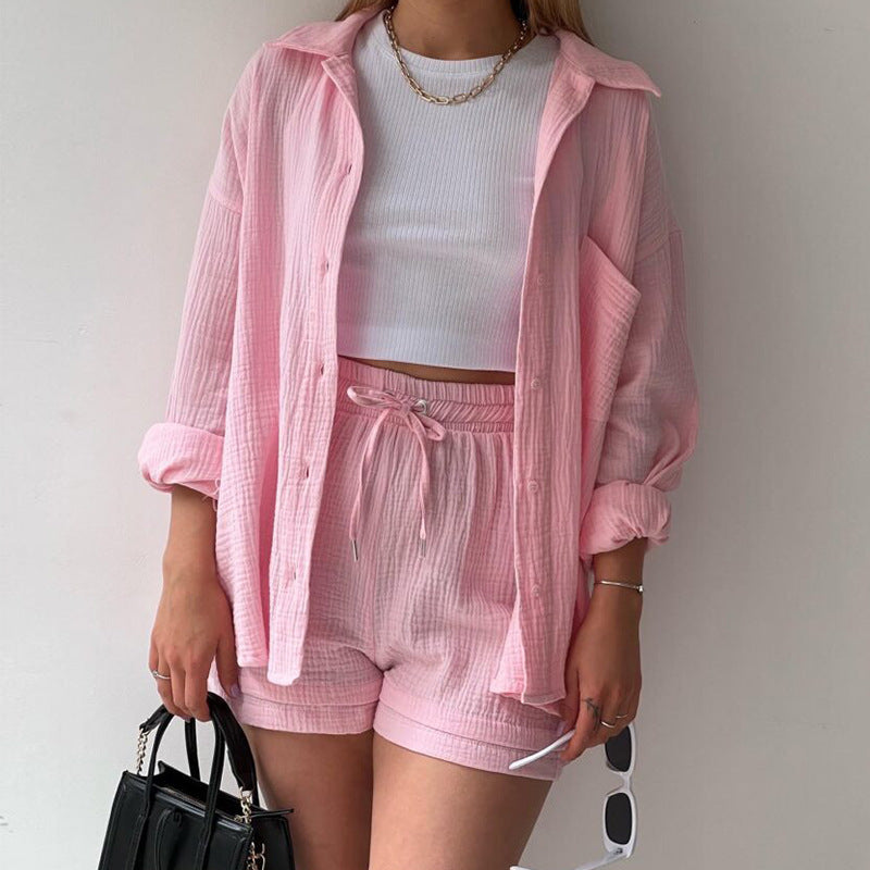 Textured Shirt + Drawstring Shorts 2-Piece Set