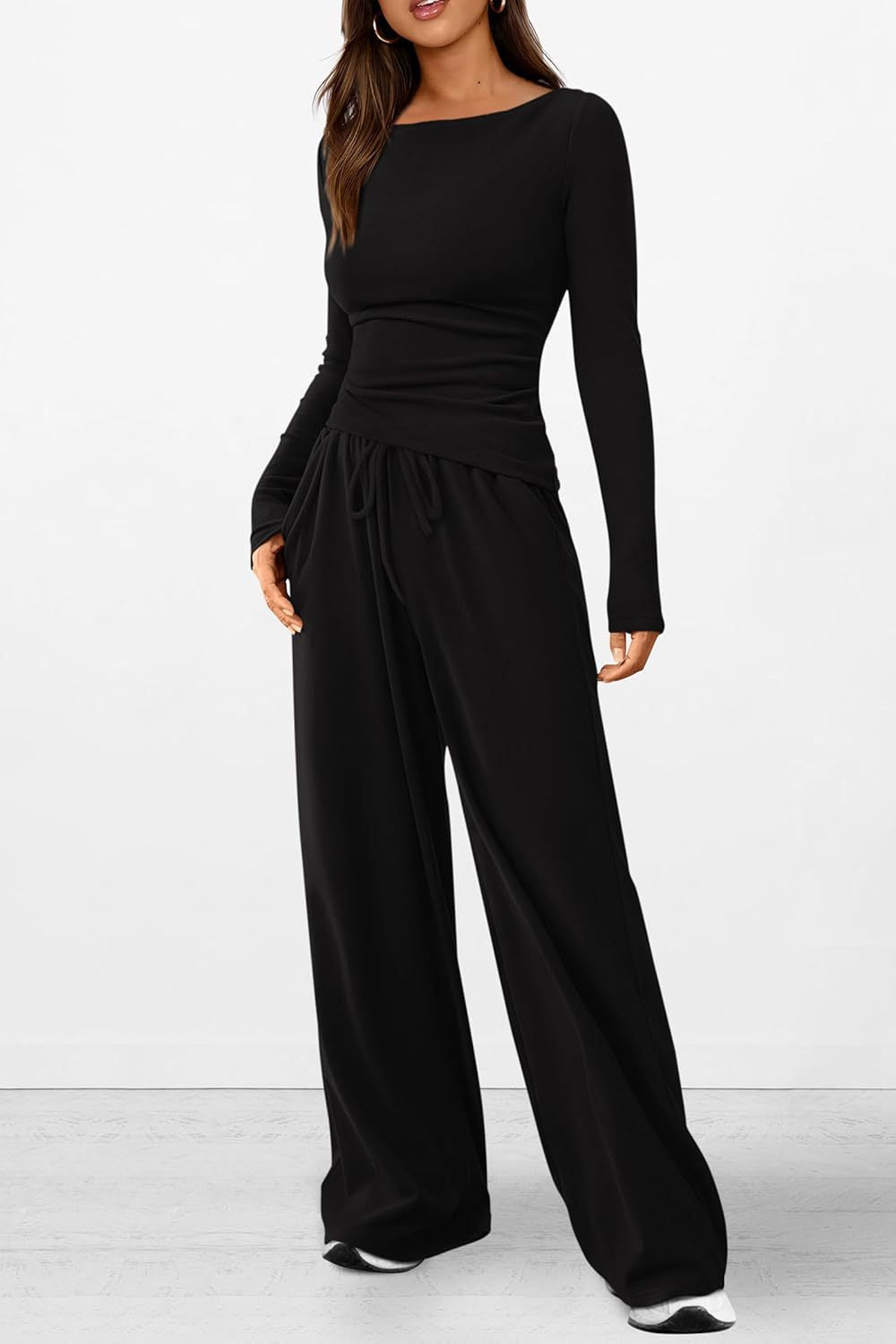 Solid Asymmetric T-Shirt + Wide Leg Pants Set