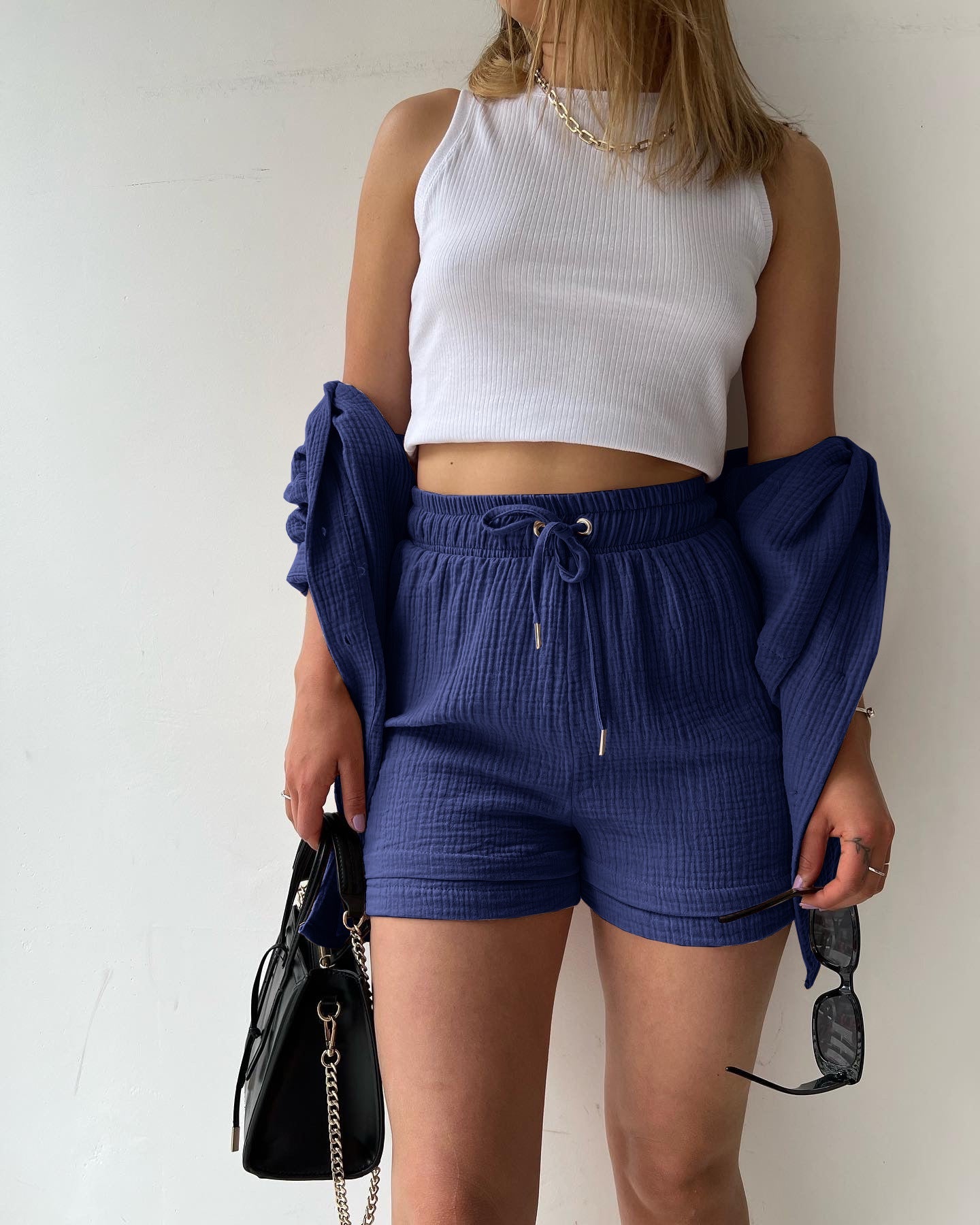 Textured Shirt + Drawstring Shorts 2-Piece Set