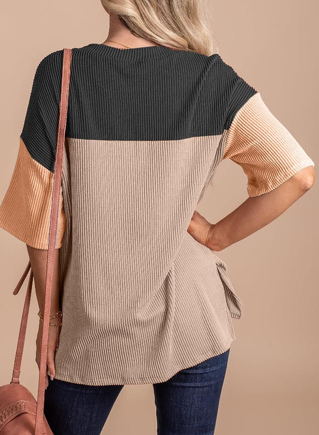 Ribbed Crew Neck Colorblock Top