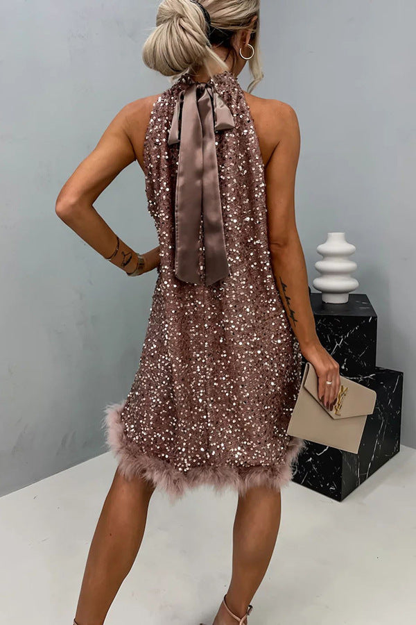 Sleeveless Sequined Halter Neck Mini Dress
