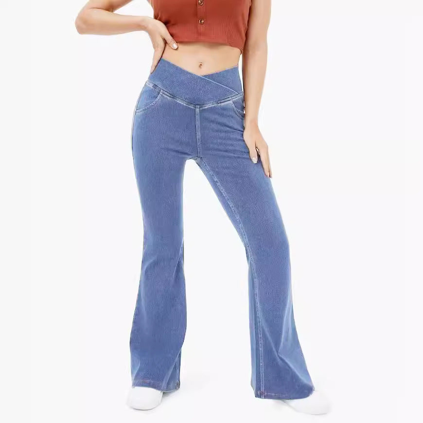 High Waisted Crossover Pocket Flare Jeans