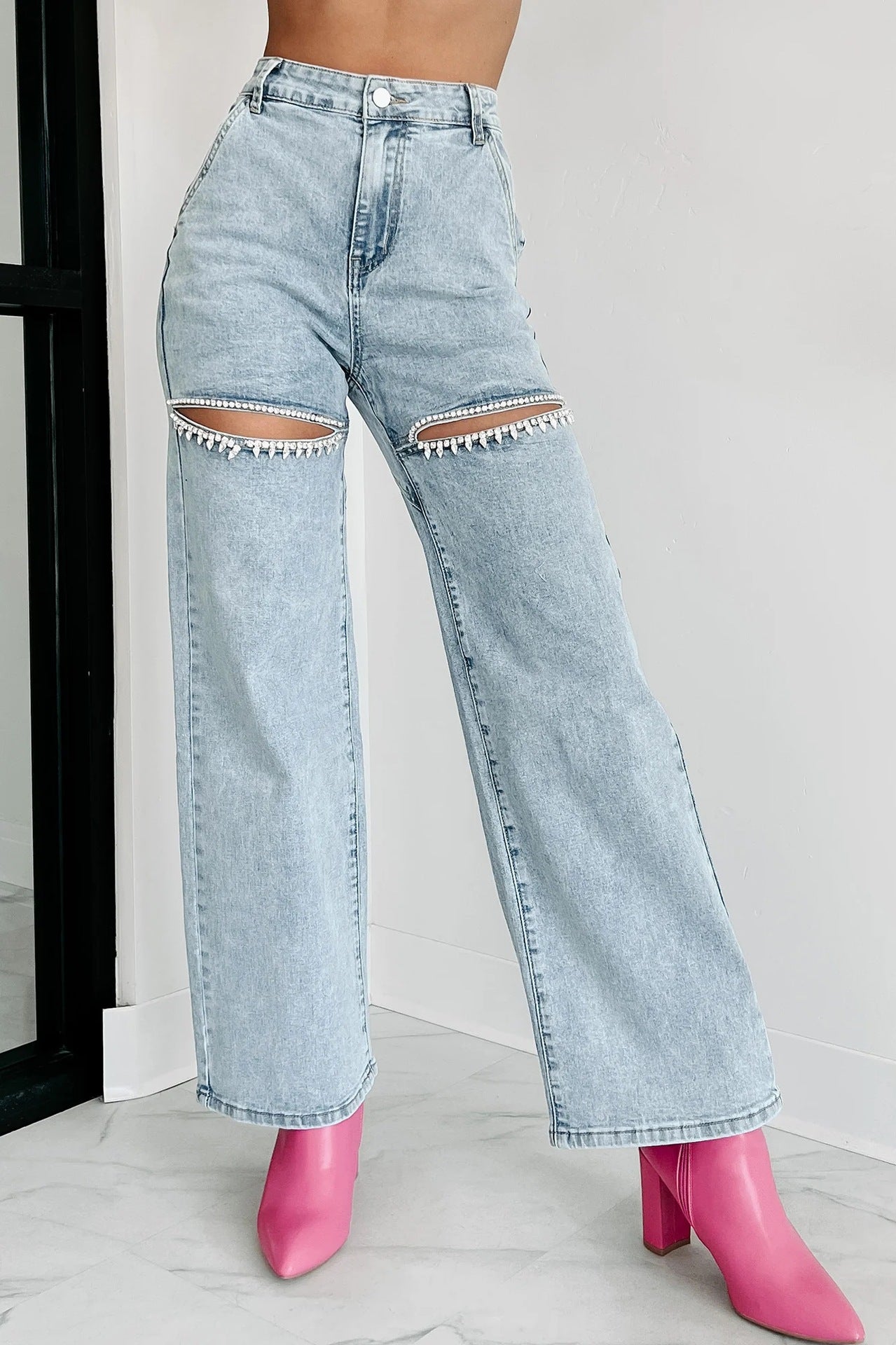 Slit-Front Wide Leg Rhinestone Jeans