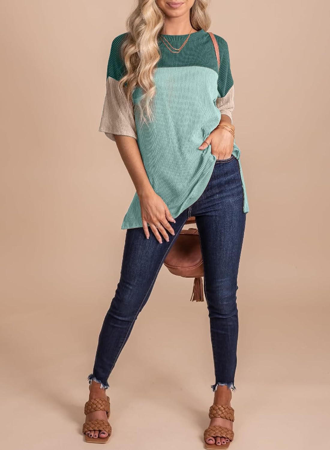 Ribbed Crew Neck Colorblock Top