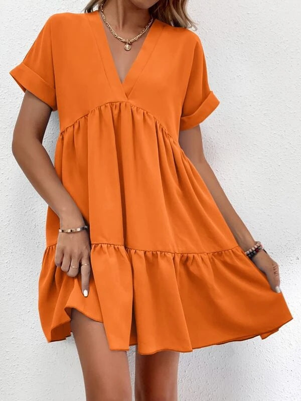 Solid V-neck Mini Dress