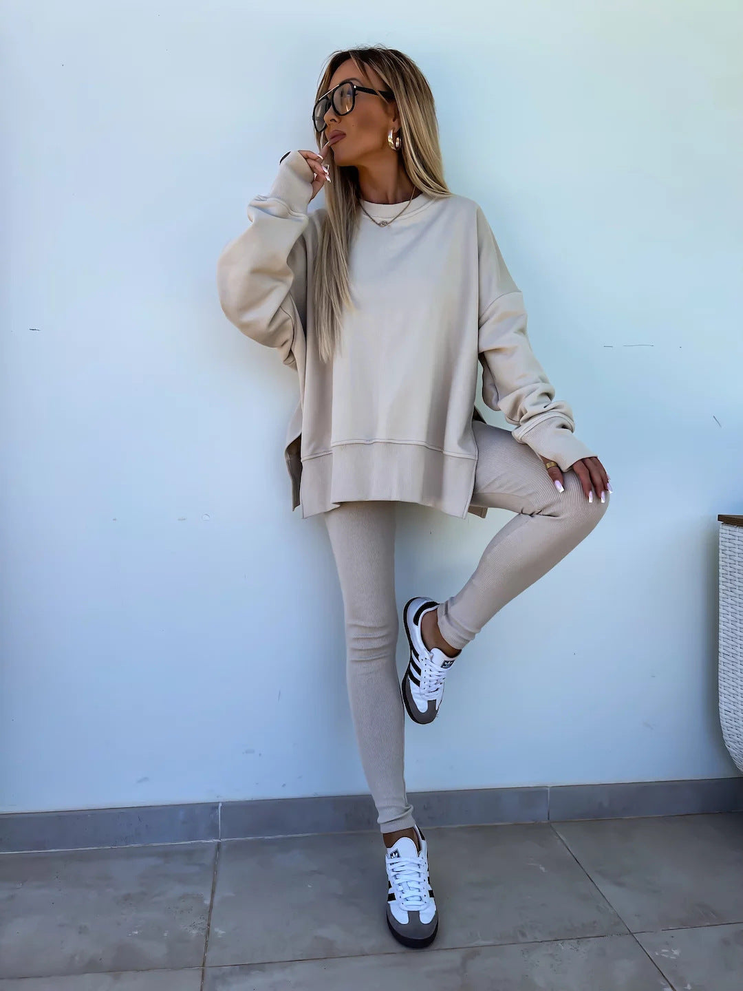 Solid Sweatshirt + Leggings Set