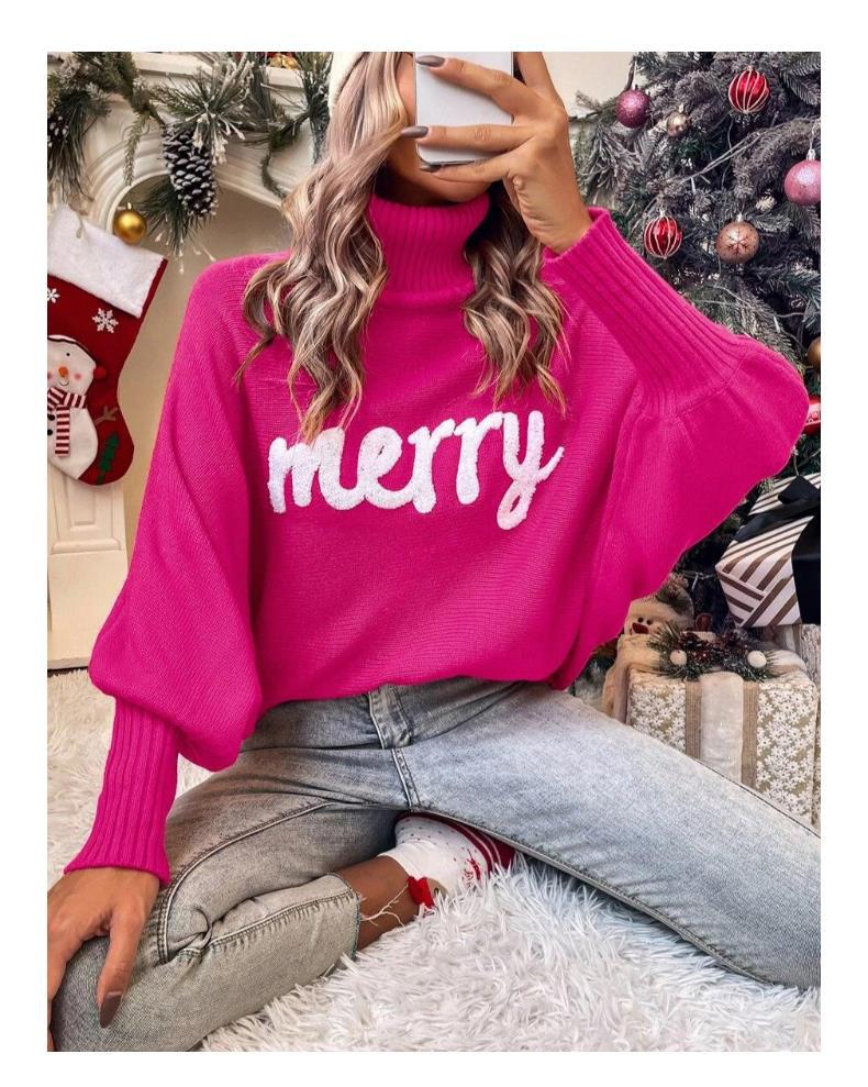 Turtle Neck Batwing Sleeve Merry Christmas Sweater