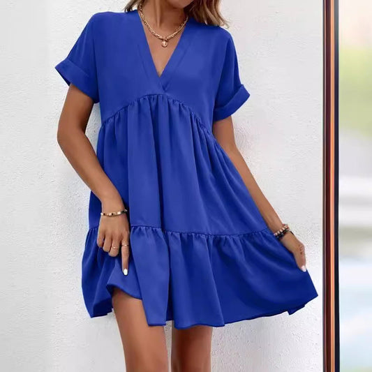 Solid V-neck Mini Dress