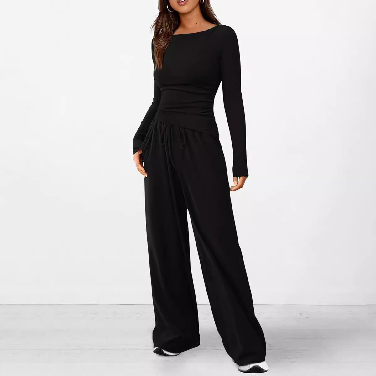 Solid Asymmetric T-Shirt + Wide Leg Pants Set