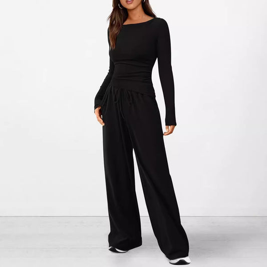 Solid Asymmetric T-Shirt + Wide Leg Pants Set