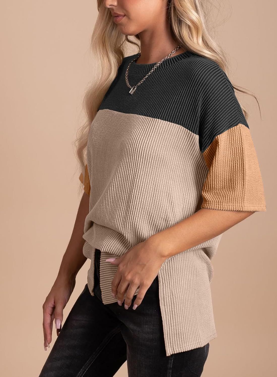 Ribbed Crew Neck Colorblock Top