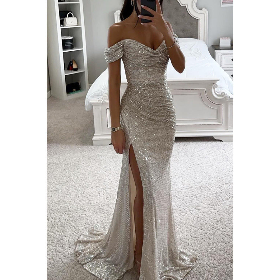 Sequined V-neck Slit Dress