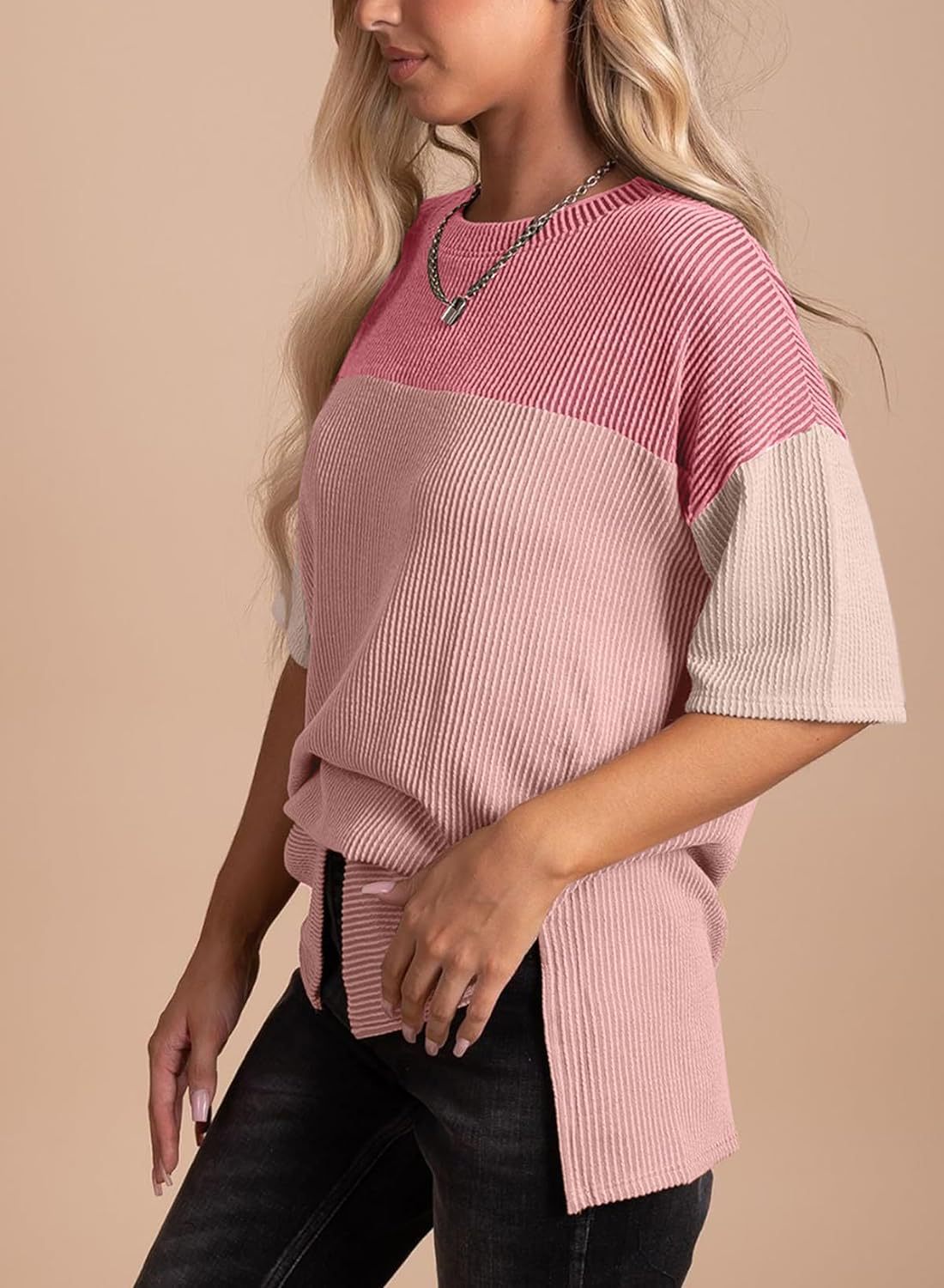 Ribbed Crew Neck Colorblock Top