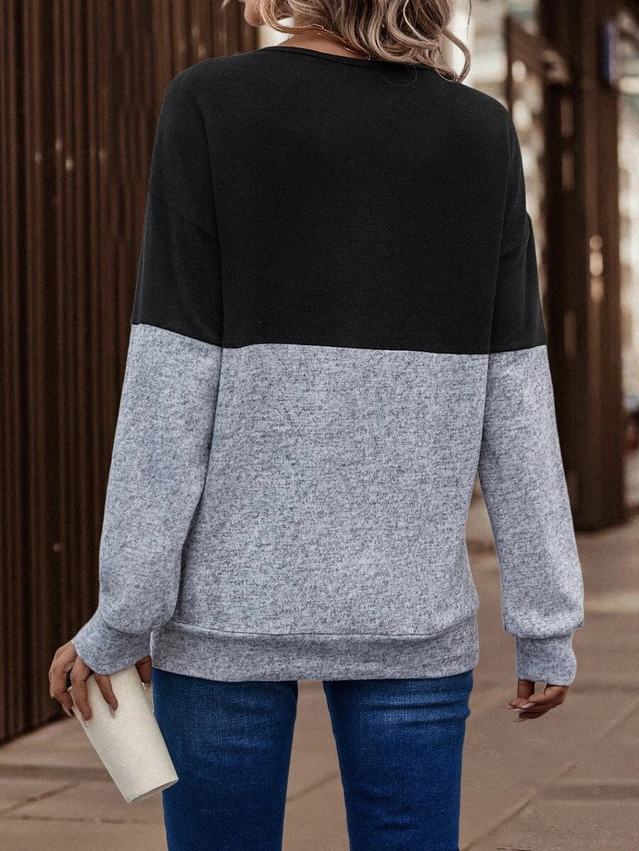 V-Neck Color Block Long Sleeve Top