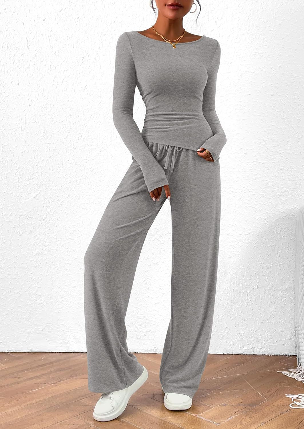 Solid Asymmetric T-Shirt + Wide Leg Pants Set