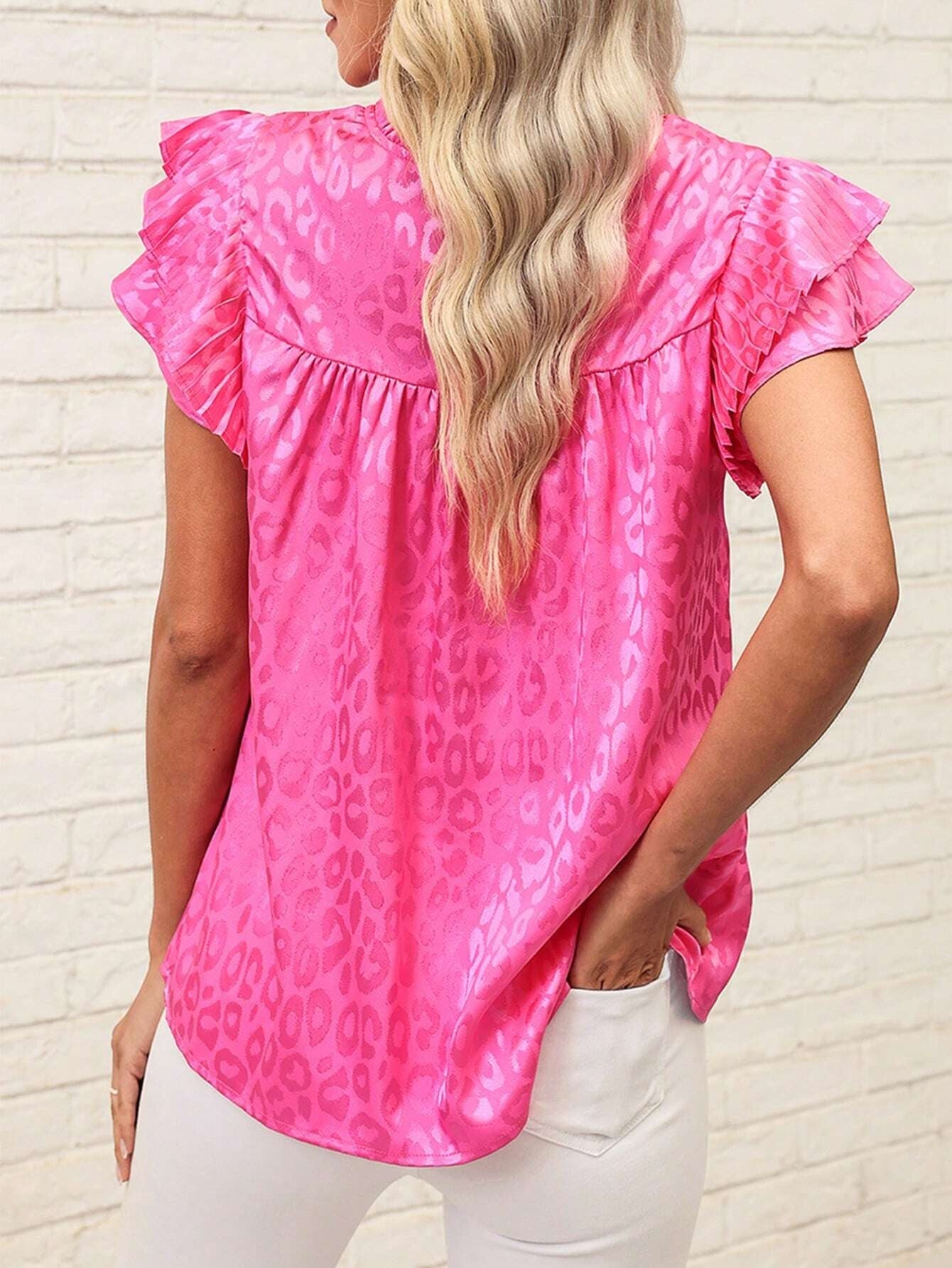 Leopard Pleated Tiered Ruffled Sleeve Blouse