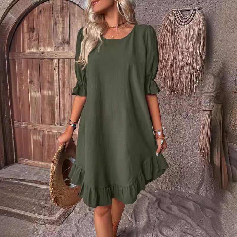 Linen Round Neck Solid Color Dress