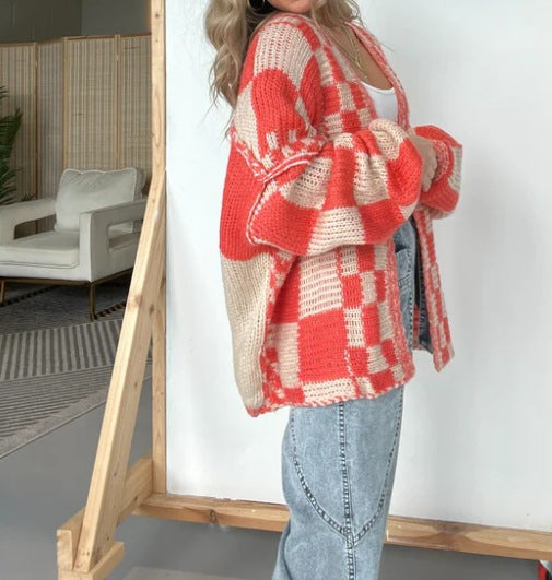 Plaid Open Front Oversize Cardigan