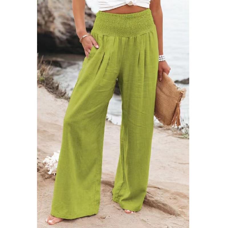 Cotton Linen Tight Waist Wide Leg Pants