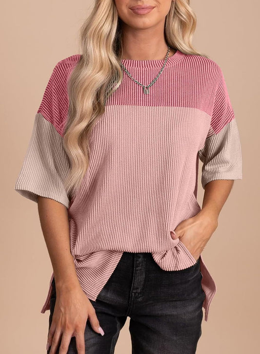 Ribbed Crew Neck Colorblock Top