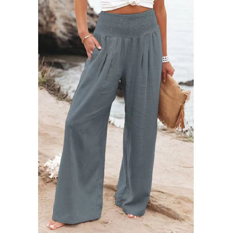 Cotton Linen Tight Waist Wide Leg Pants