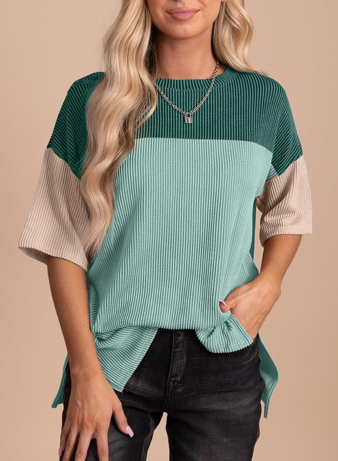 Ribbed Crew Neck Colorblock Top