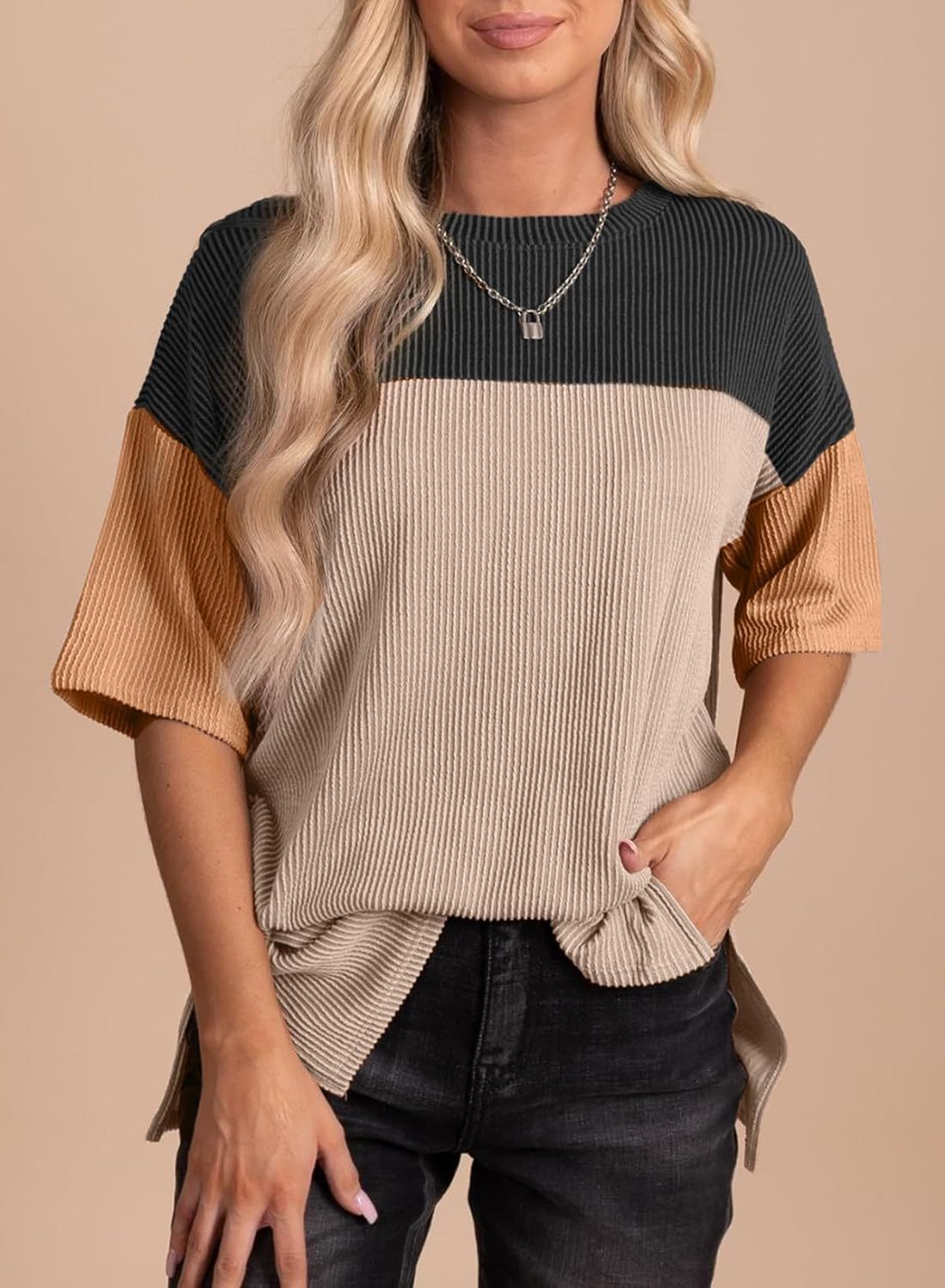 Ribbed Crew Neck Colorblock Top