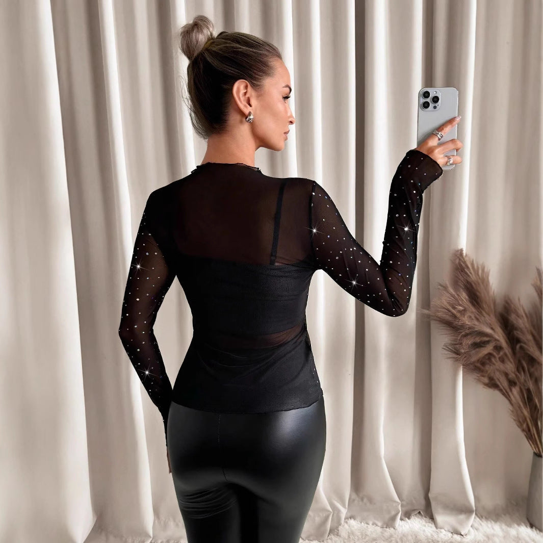 Rhinestone Mesh Slim Fit Top