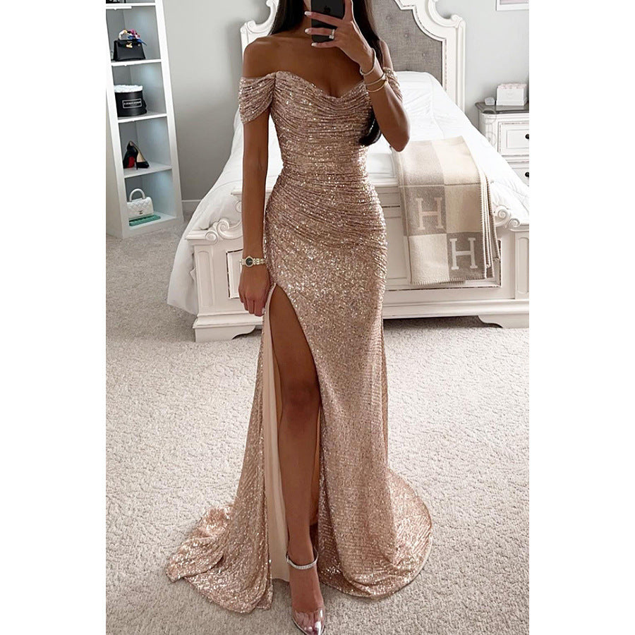 Sequined V-neck Slit Dress
