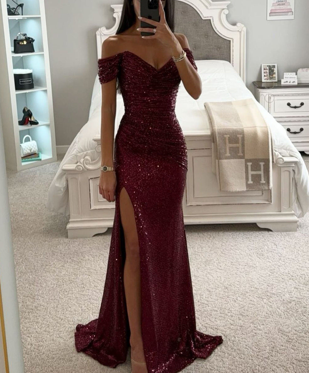 Sequined V-neck Slit Dress