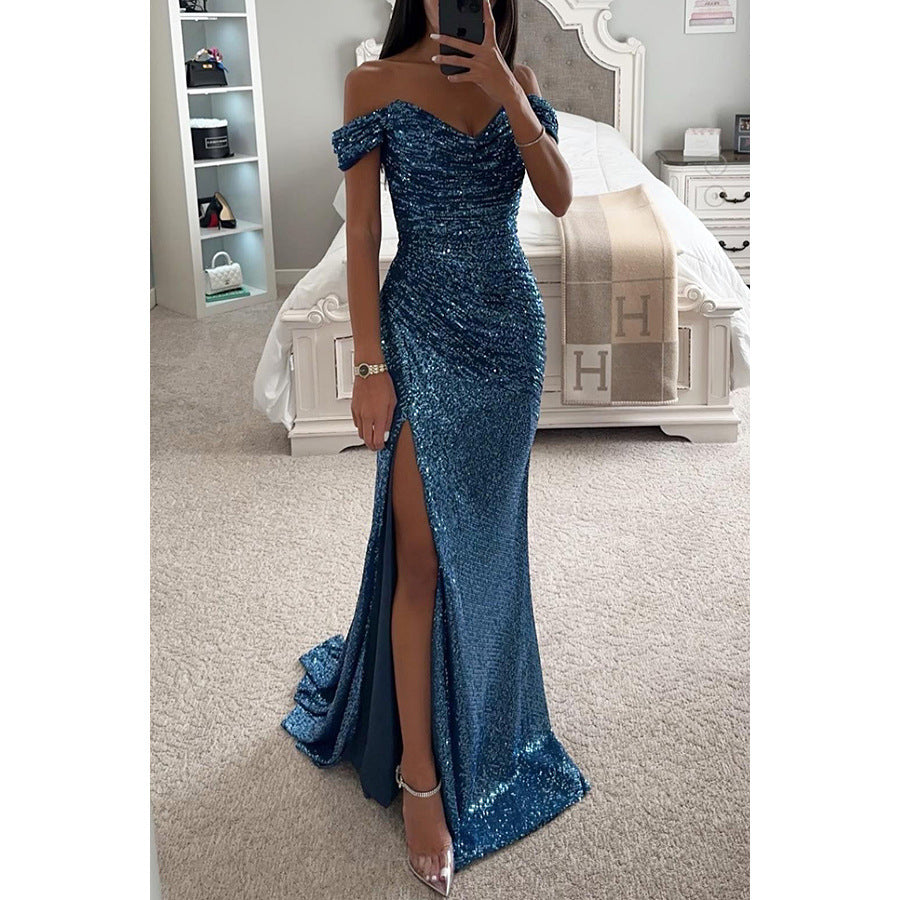 Sequined V-neck Slit Dress