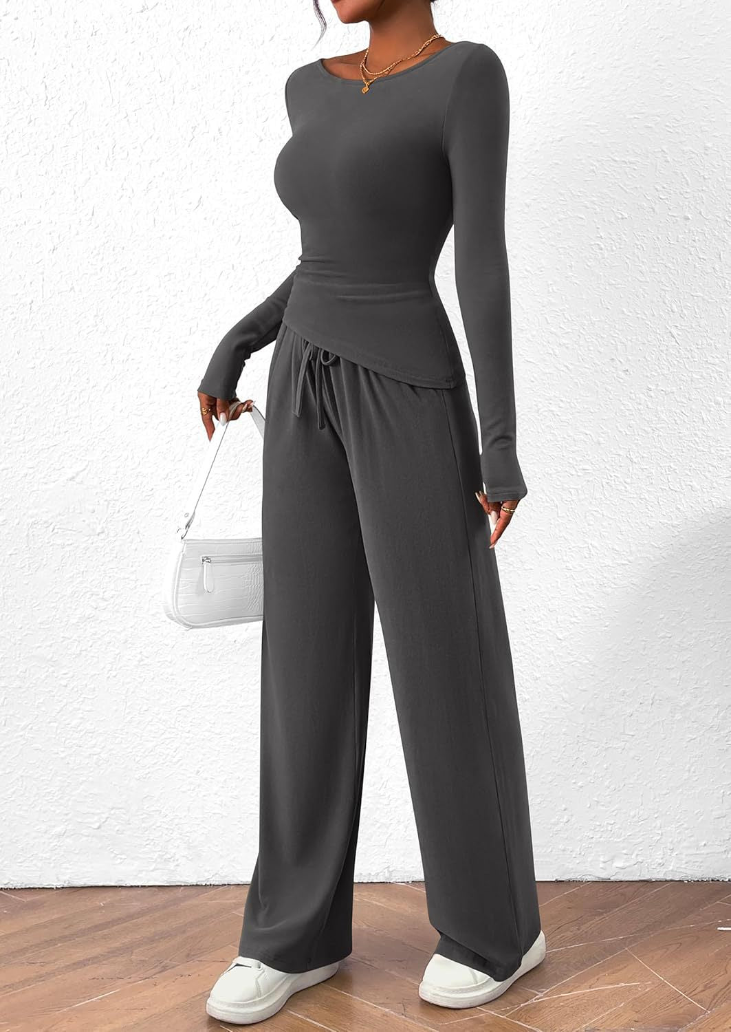 Solid Asymmetric T-Shirt + Wide Leg Pants Set