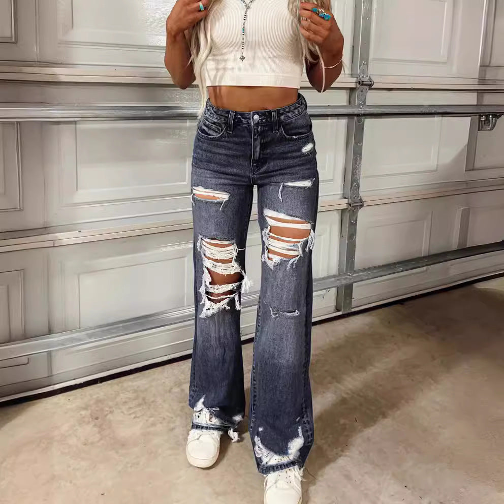 High-rise Ripped Straight Jeans