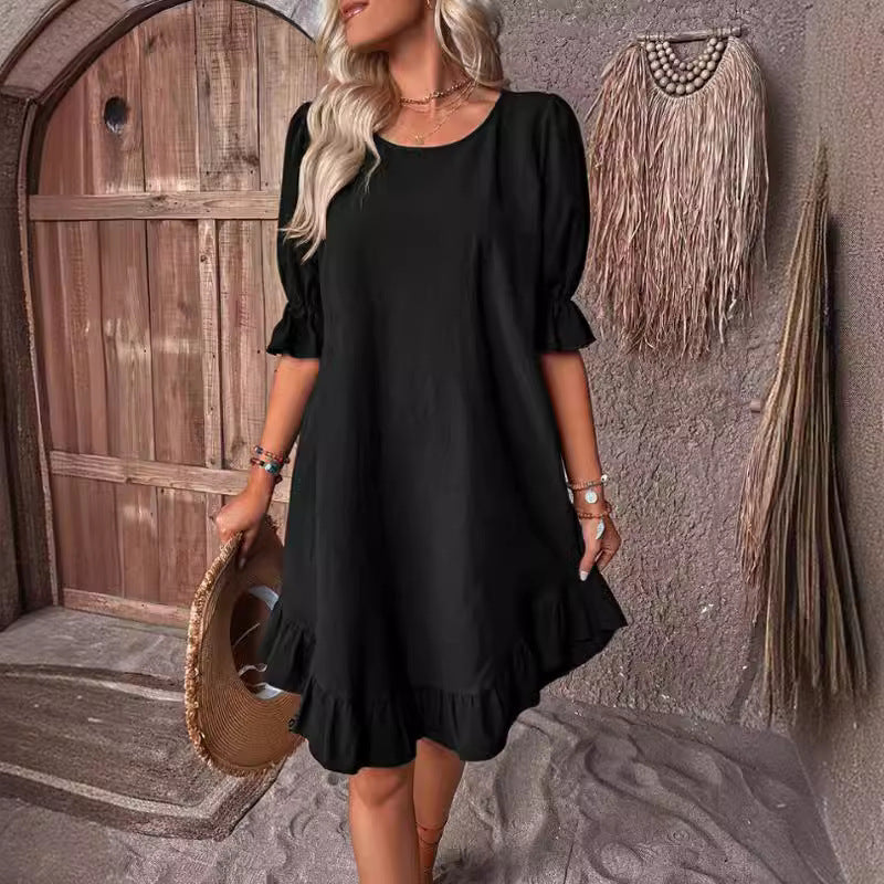 Linen Round Neck Solid Color Dress