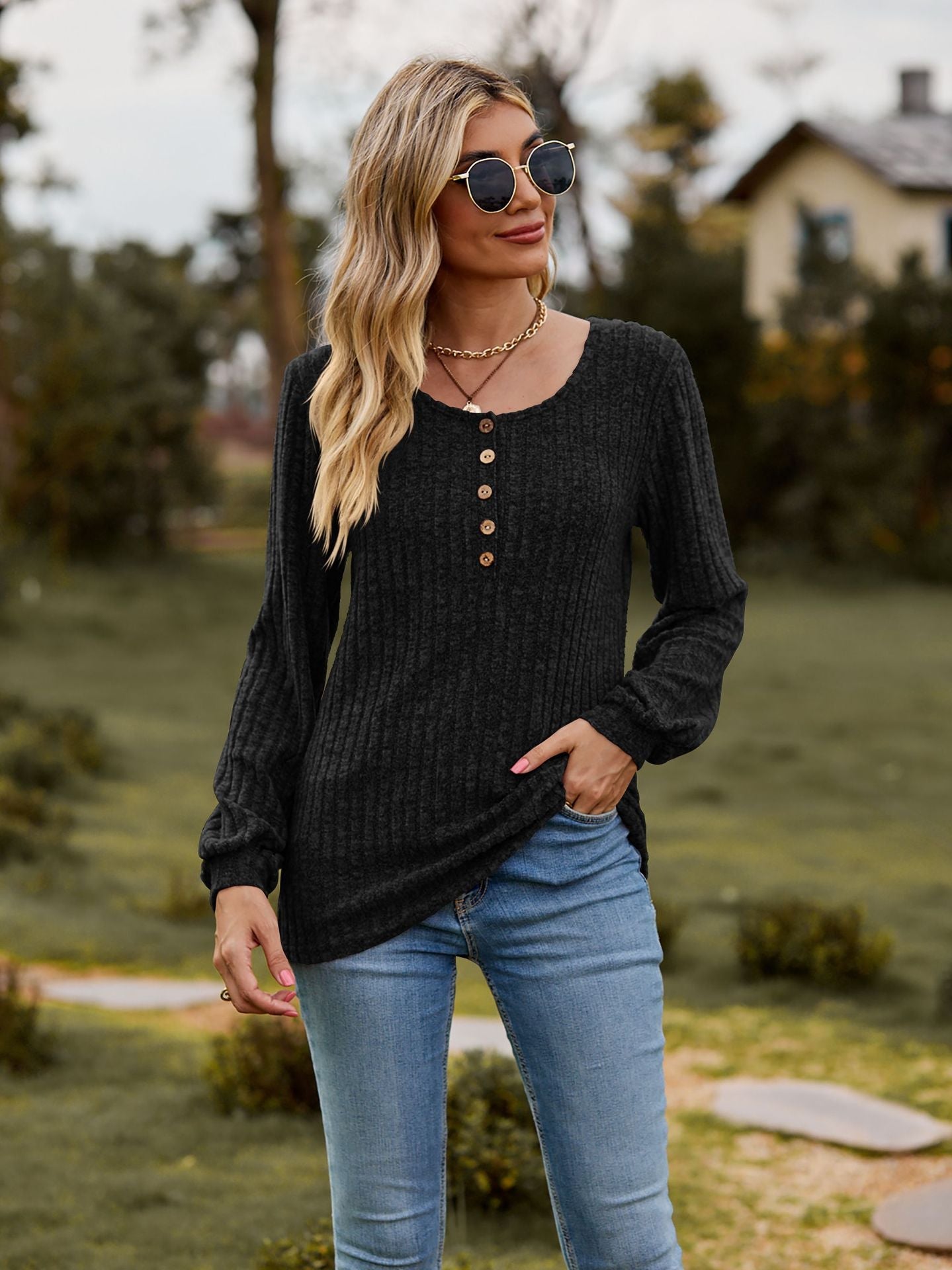 Round Neck Ribbed Brushed T-shirt