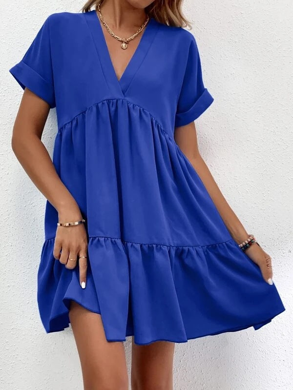 Solid V-neck Mini Dress