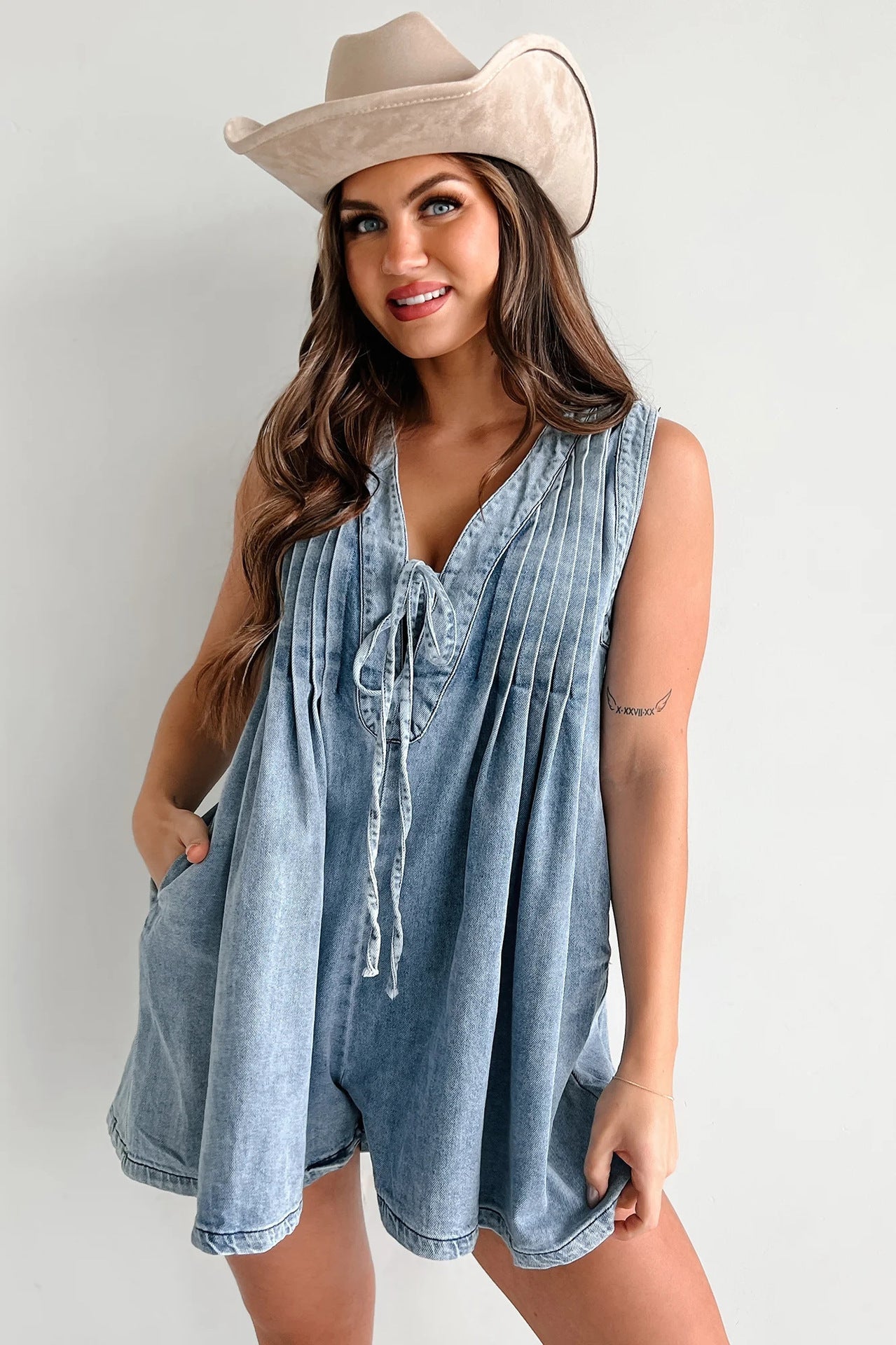 Washed Denim Pleated Romper