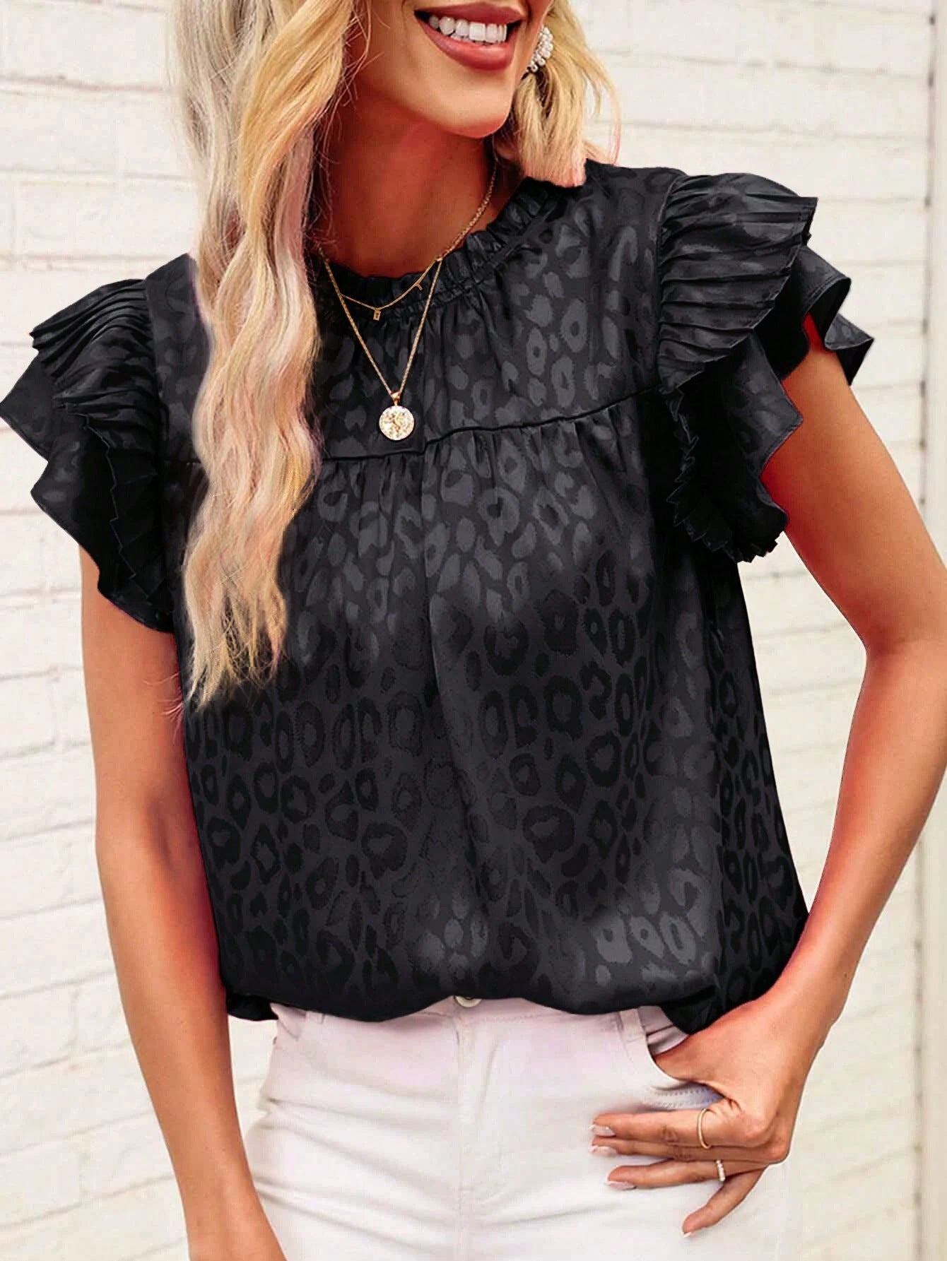 Leopard Pleated Tiered Ruffled Sleeve Blouse