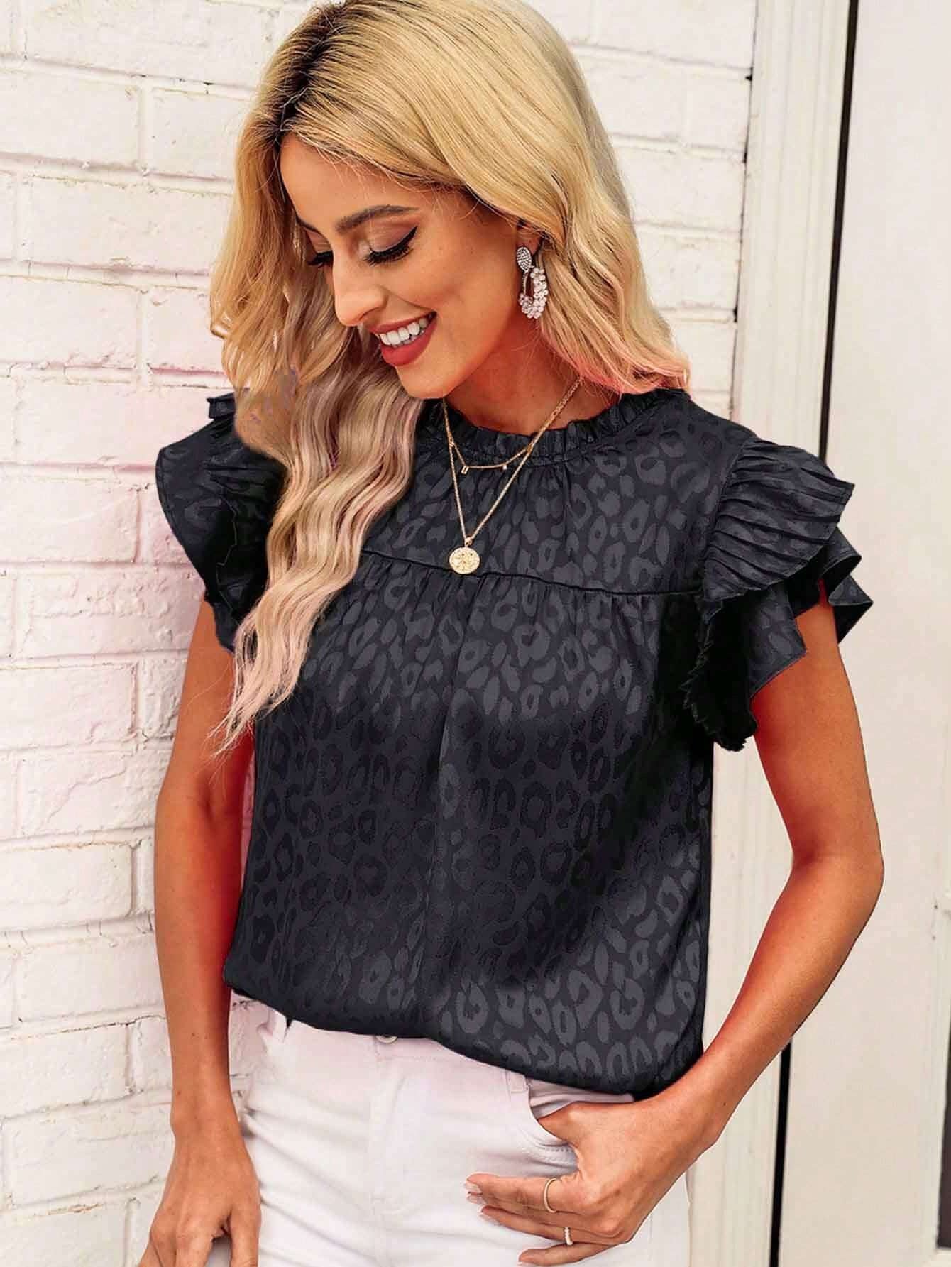 Leopard Pleated Tiered Ruffled Sleeve Blouse