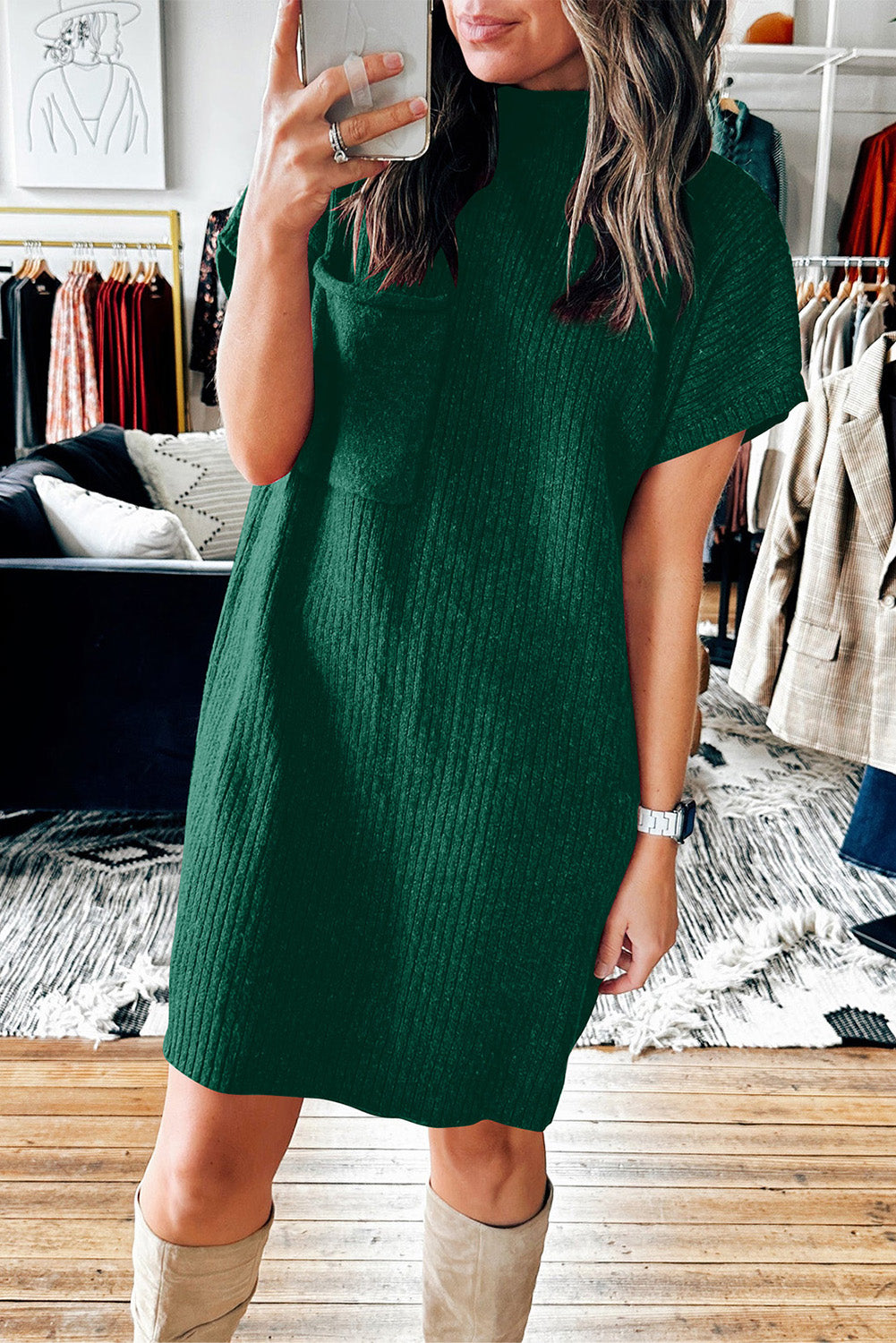 Pocket Ribbed Knit Sweater Dress