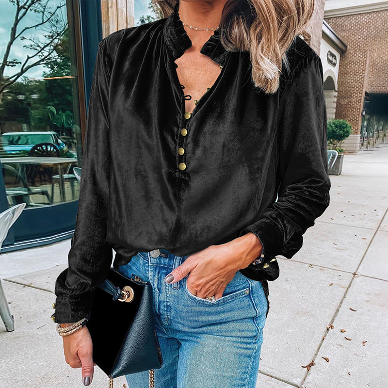 Half Button Velvet Long Sleeve Top