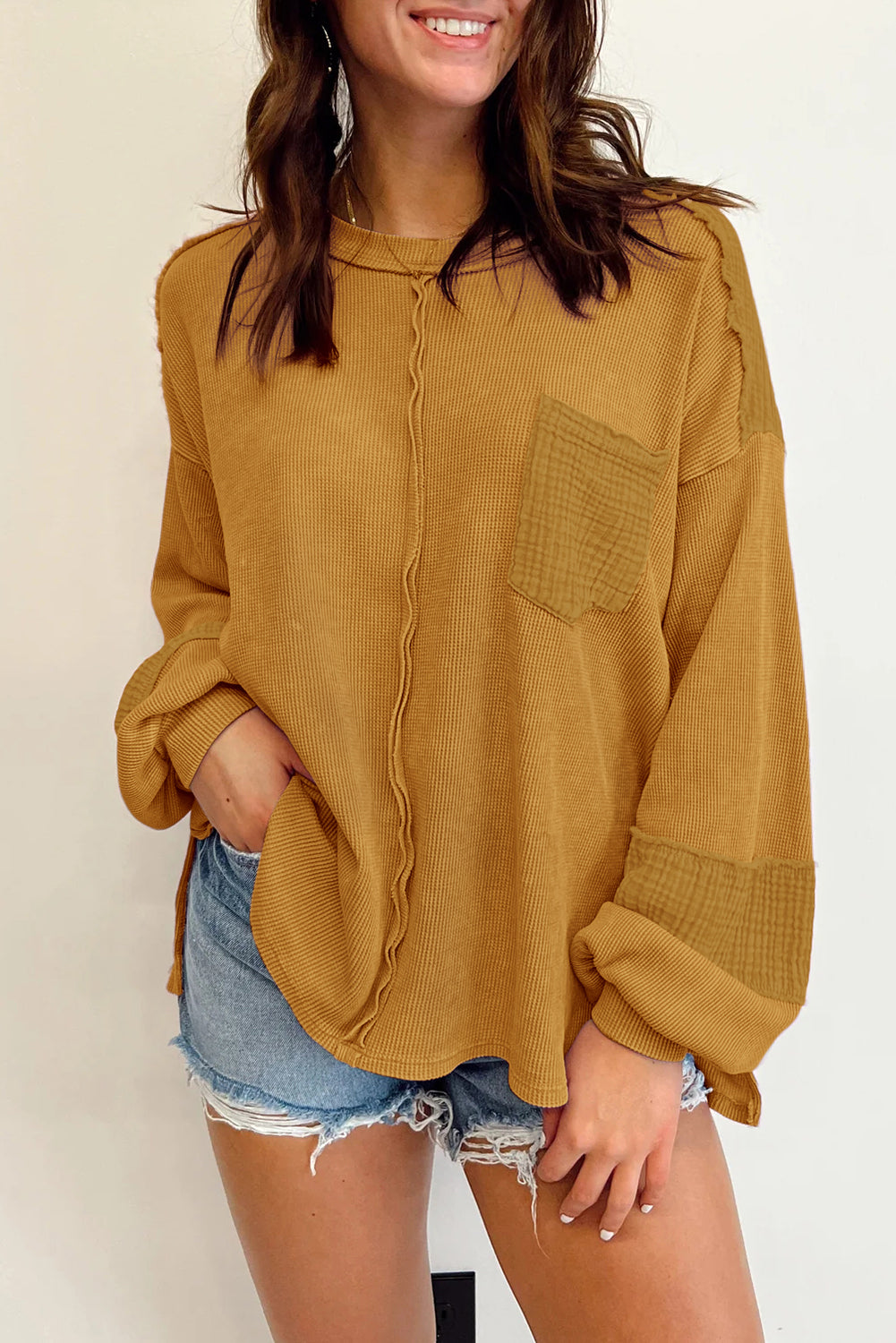 Exposed Seam Waffle Knit Top