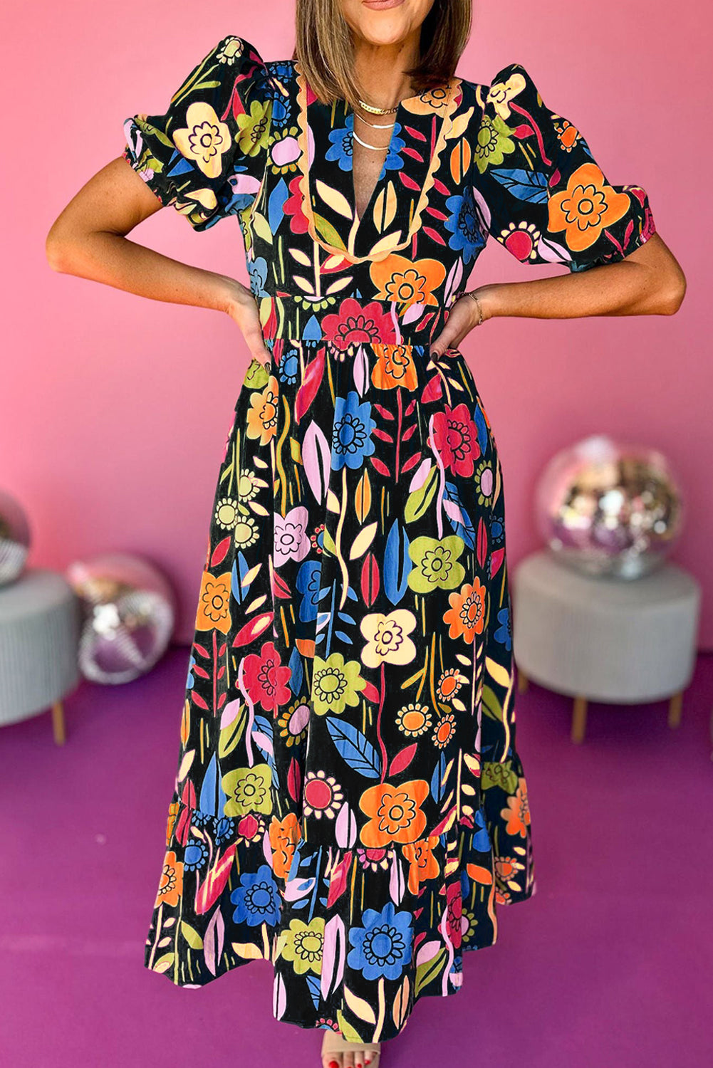 Retro Floral Printed Split Neck Maxi Dress