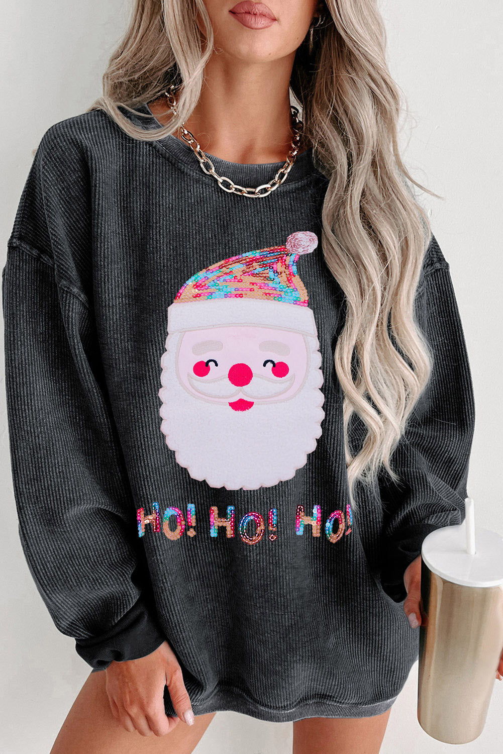 Sequined Santa Claus Corded Sweatshirt