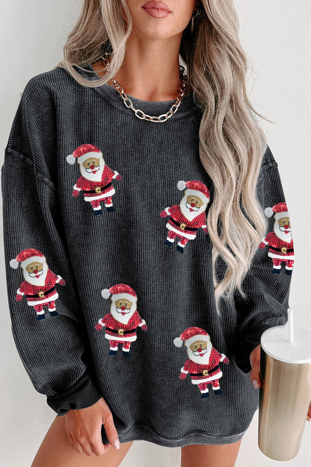 Sequined Santa Claus Corded Sweatshirt