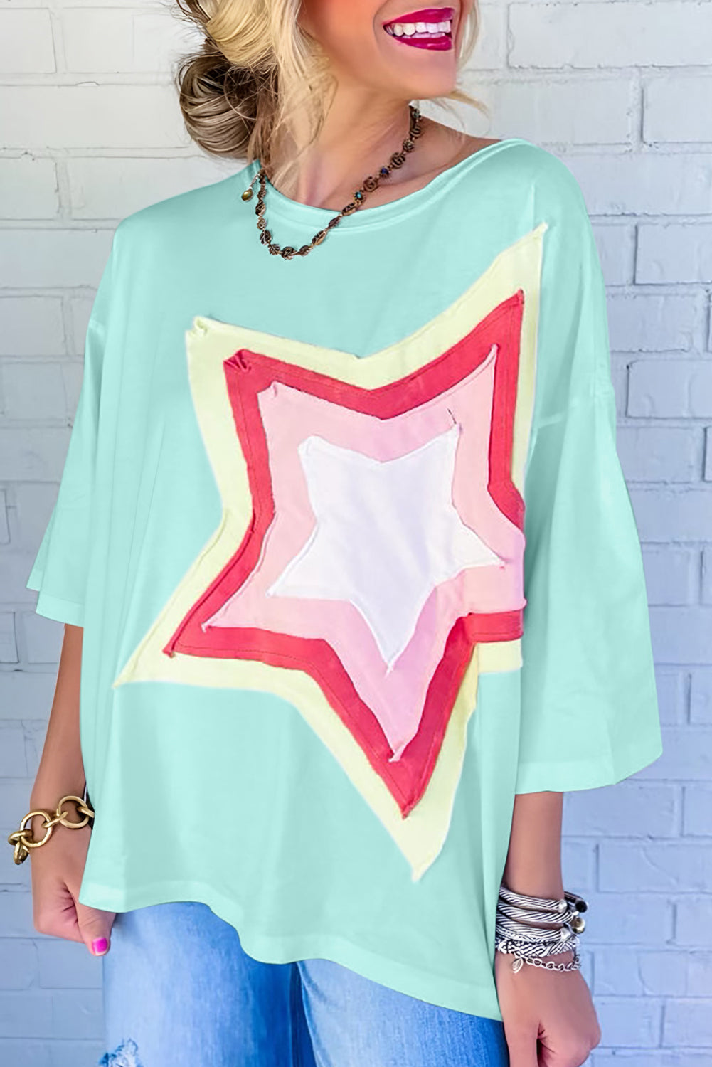 Star Patched Half Sleeve Oversized Tee