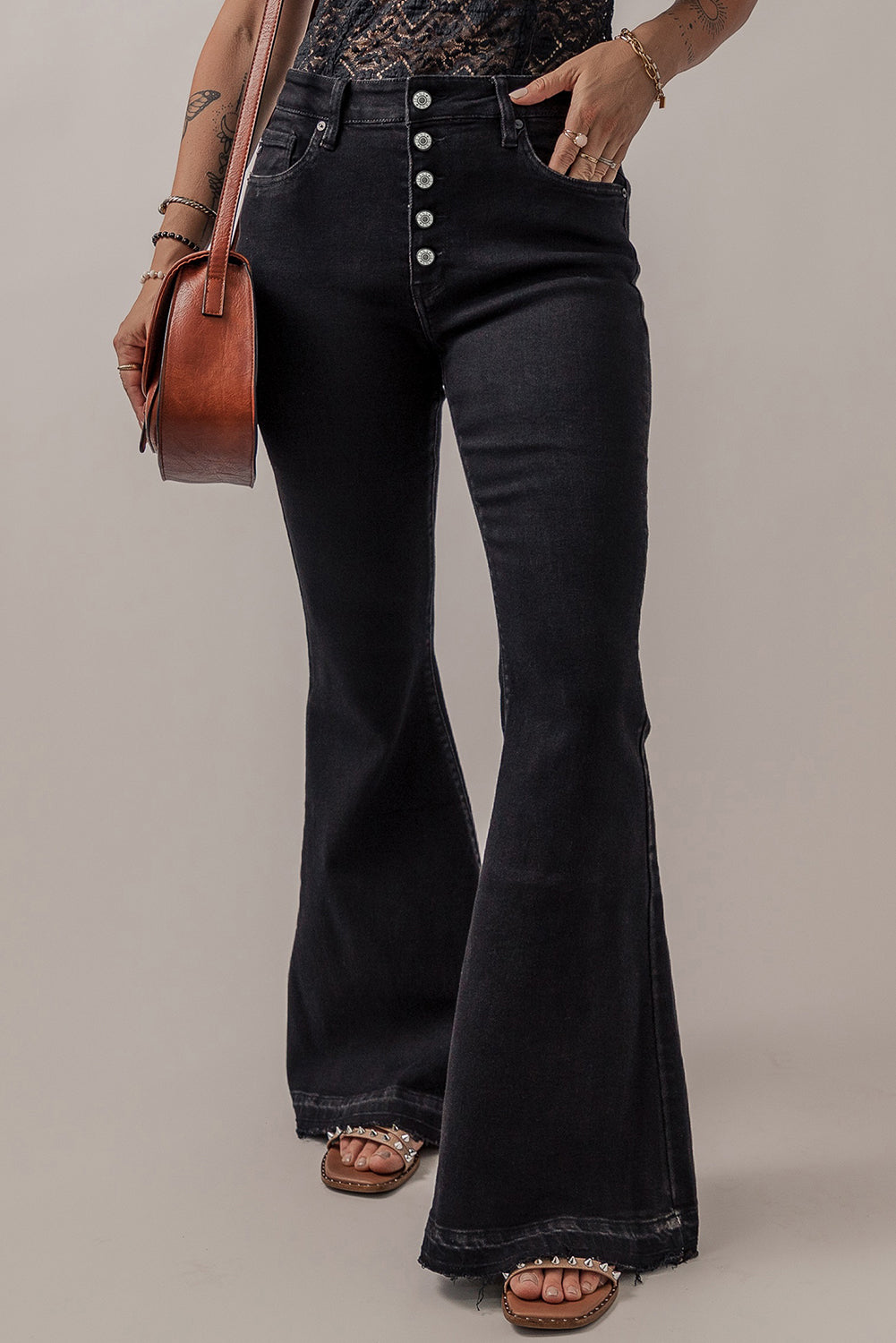 High Waist Button Front Flare Jeans