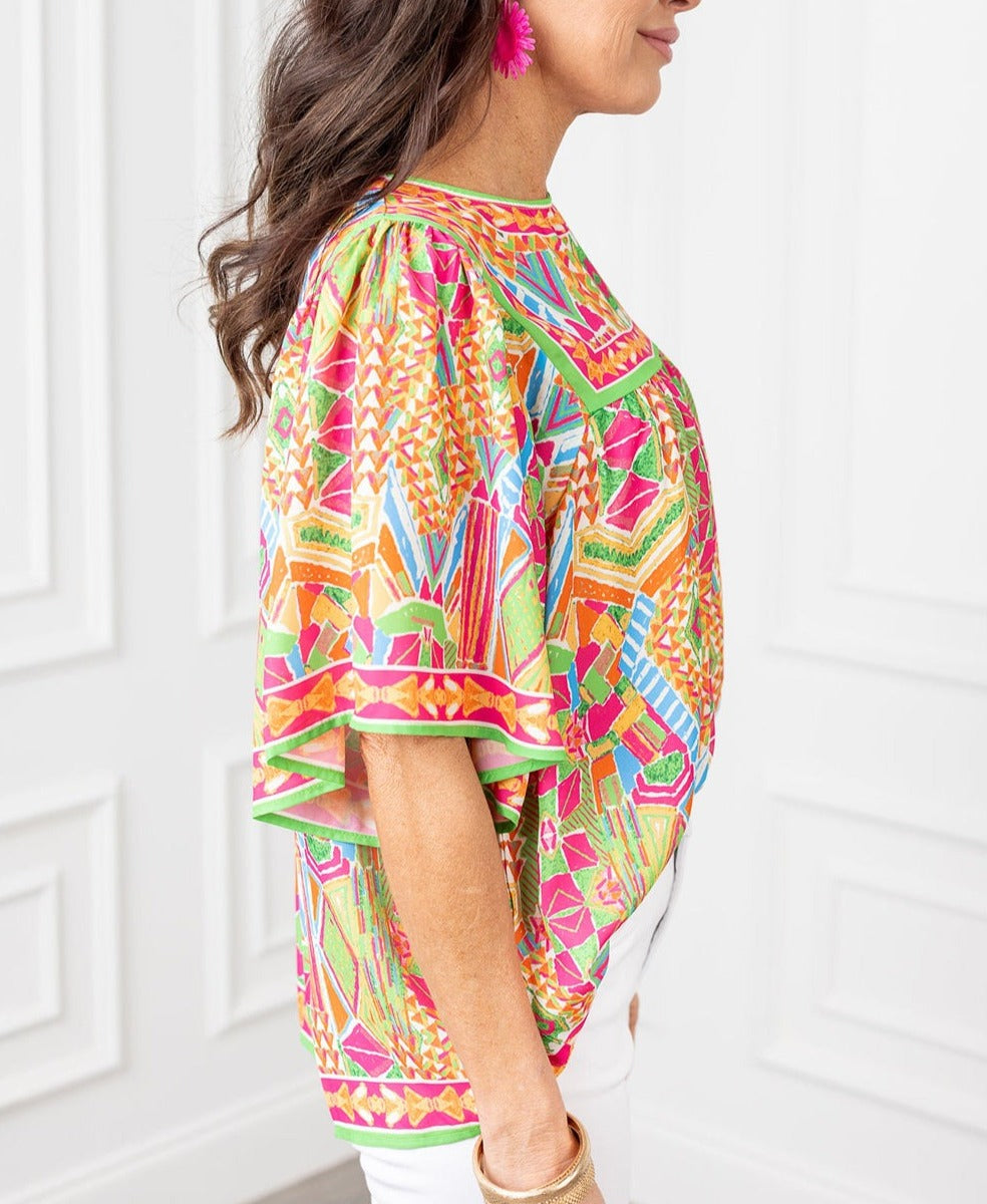 Geometric Bell Sleeve Babydoll Blouse