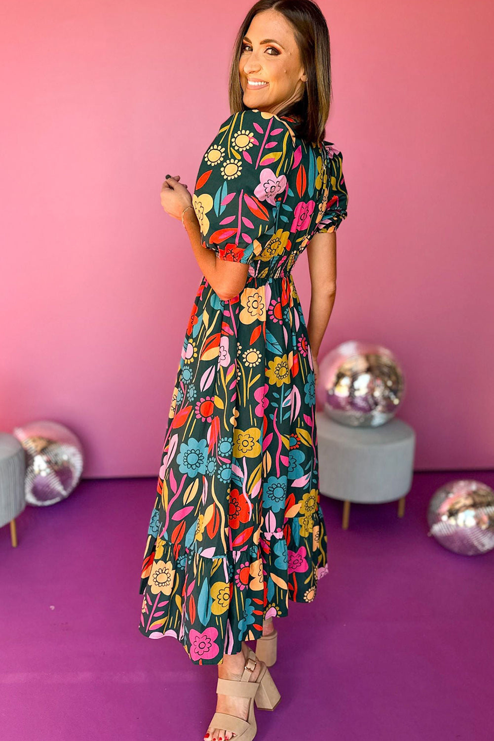 Retro Floral Printed Split Neck Maxi Dress