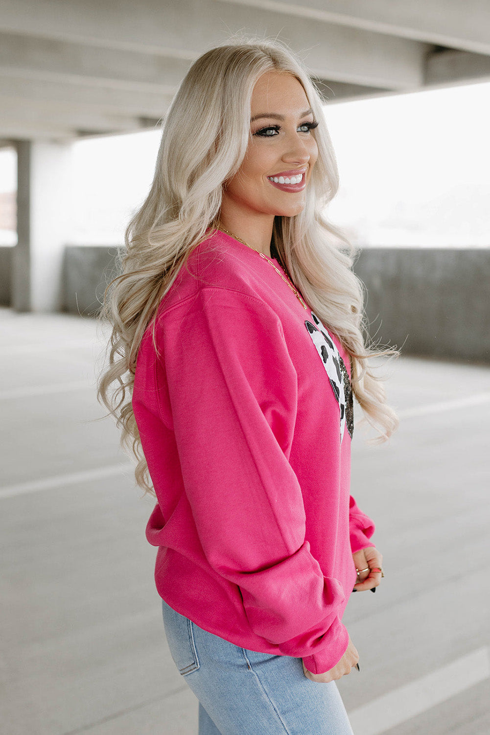 Pink Cow & Sequin Heart Sweatshirt